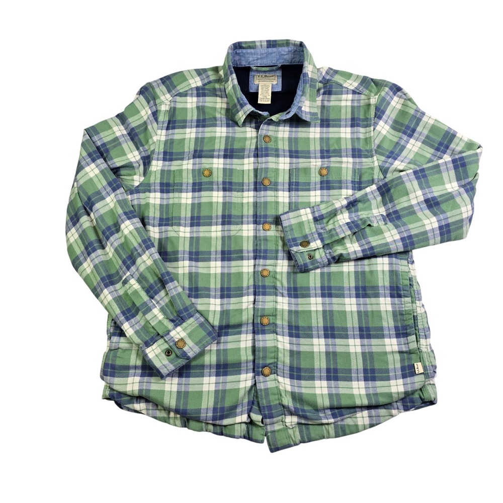 L.L. Bean Flannel Shirt Jacket Mens Small Green Blue Plaid Thermal Lined Shacket